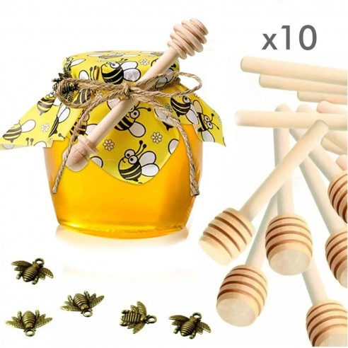 Kit x10 Mieleros Palitos Madera cortar miel + placa + papel + yute